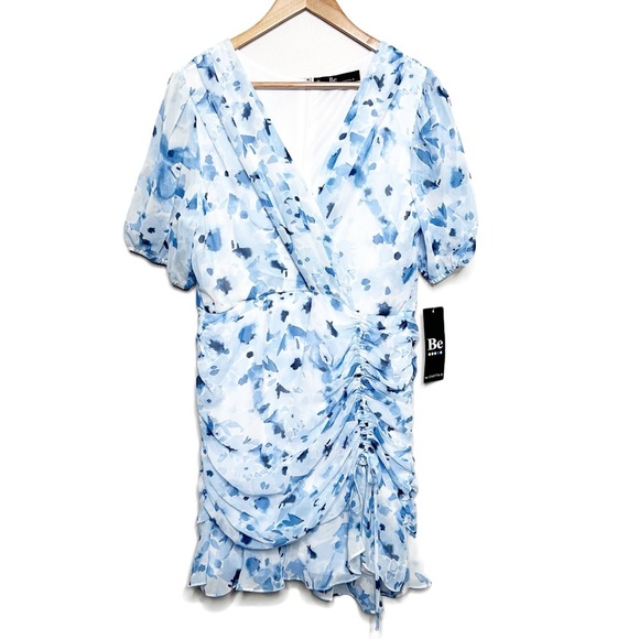 New with Tags Be By Chetta B Women's Ivory Navy Fitted Mini Ruched Ruffle Dress - Picture 2 of 16